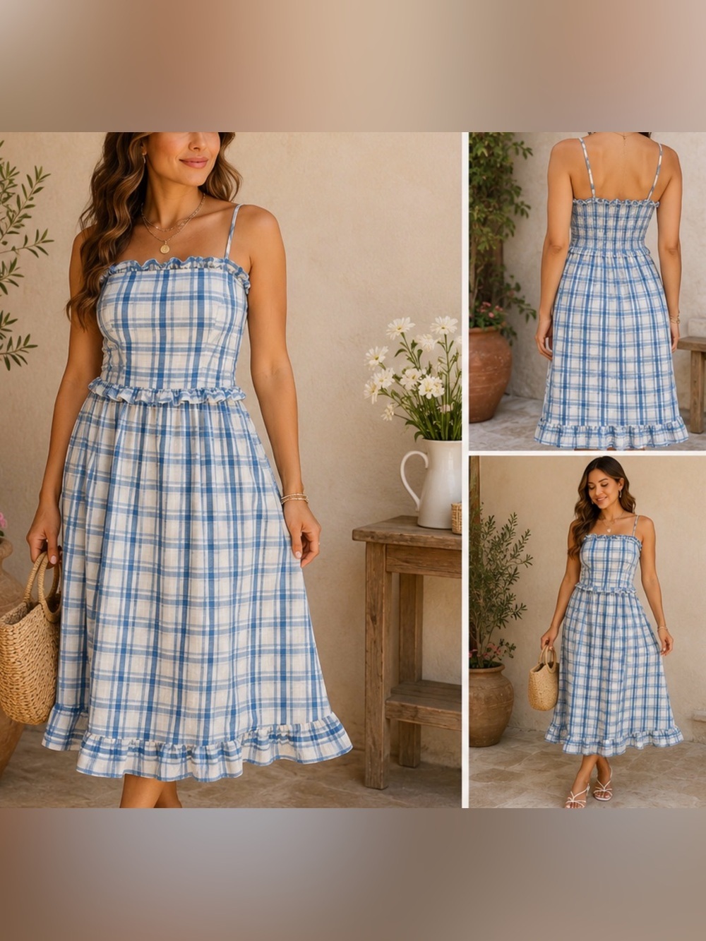 Max Studio Blue & White Plaid Ruffle Midi Dress